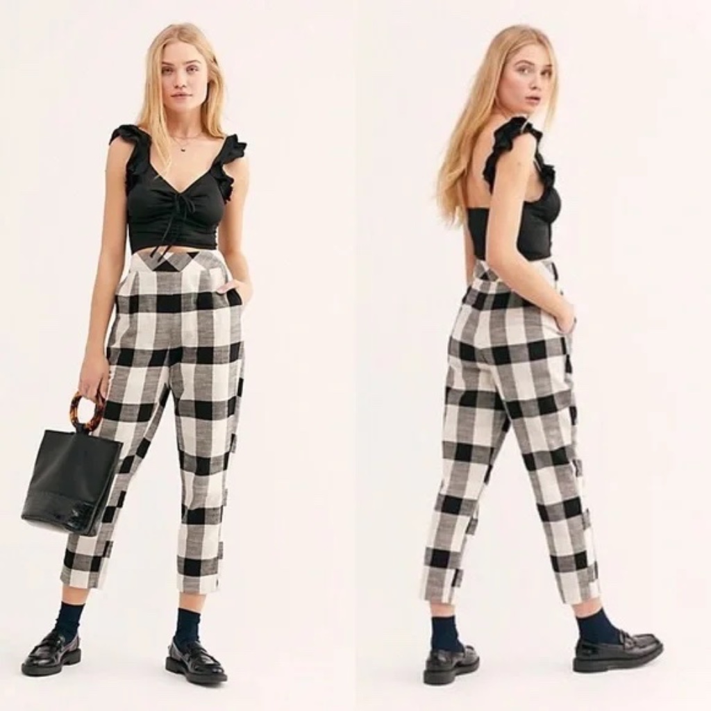 Free People Black White Check Clear Skies Cotton Pockets Crop Pants